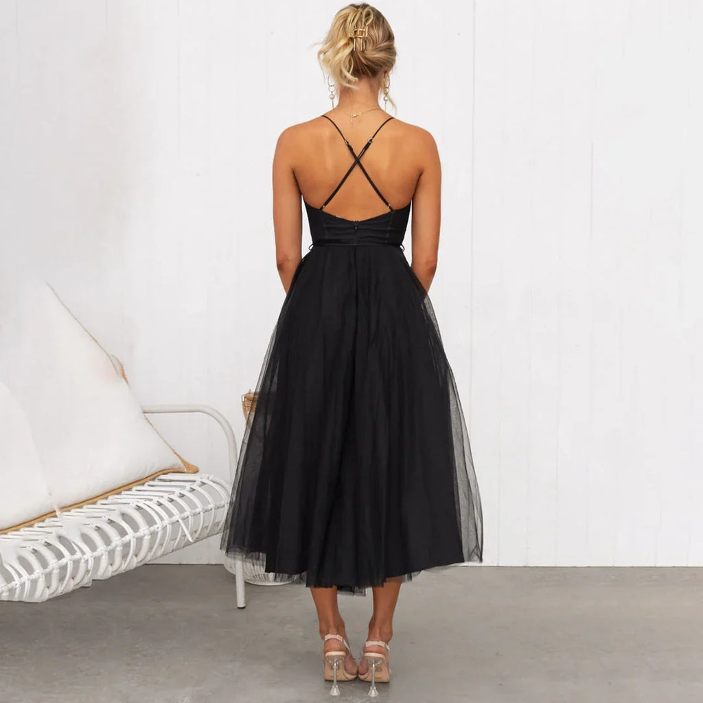Amelia - Women’s Tulle Corset Midi Dress with Adjustable Straps