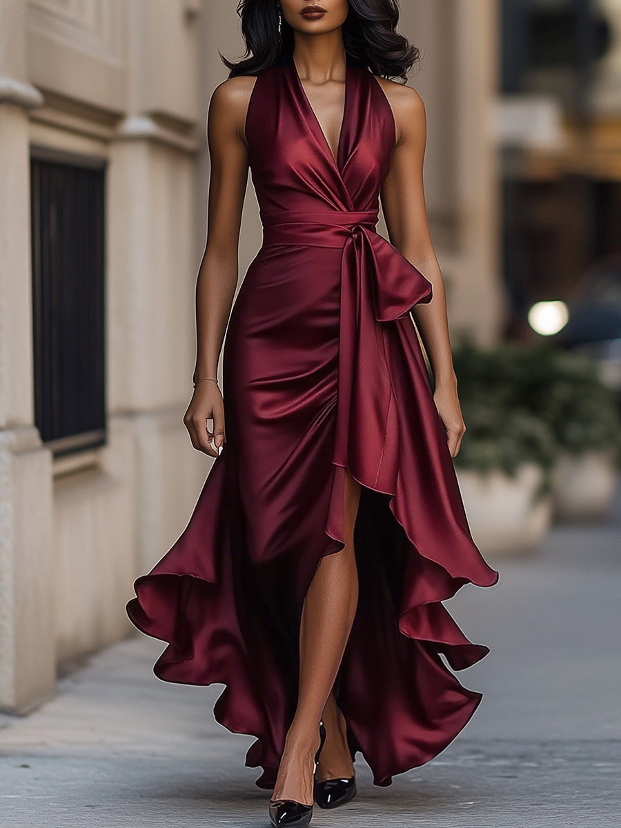 Scarlett | Midnight Elegance Satin Halter Ruffle Gown