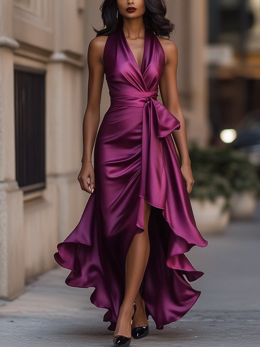 Scarlett | Midnight Elegance Satin Halter Ruffle Gown