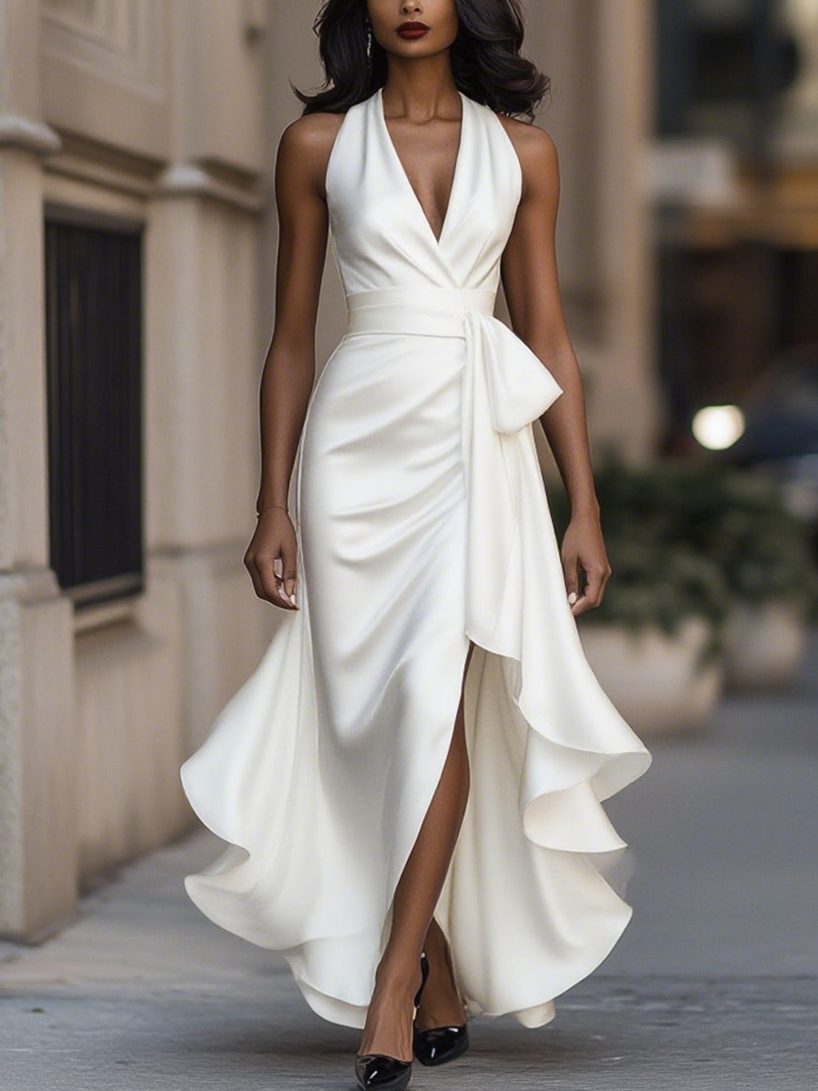 Scarlett | Midnight Elegance Satin Halter Ruffle Gown