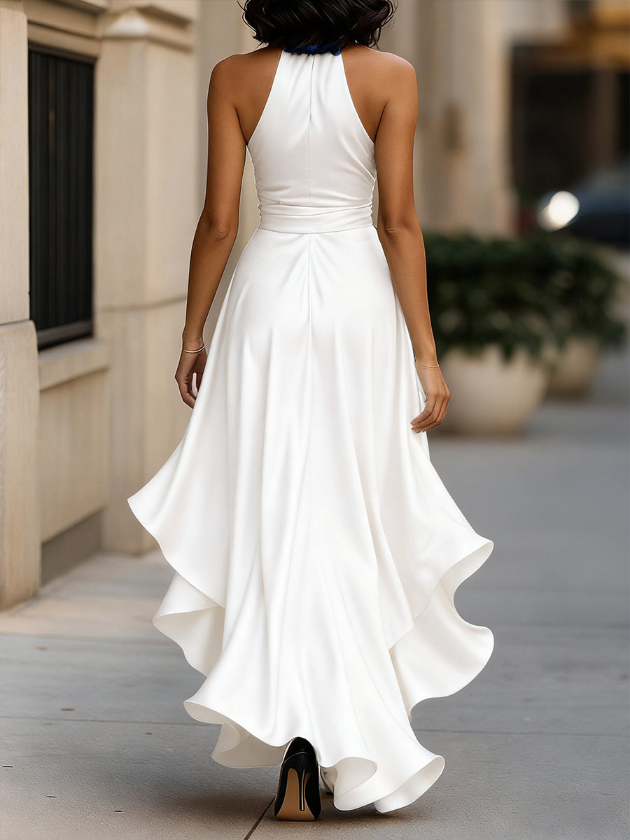 Scarlett | Midnight Elegance Satin Halter Ruffle Gown