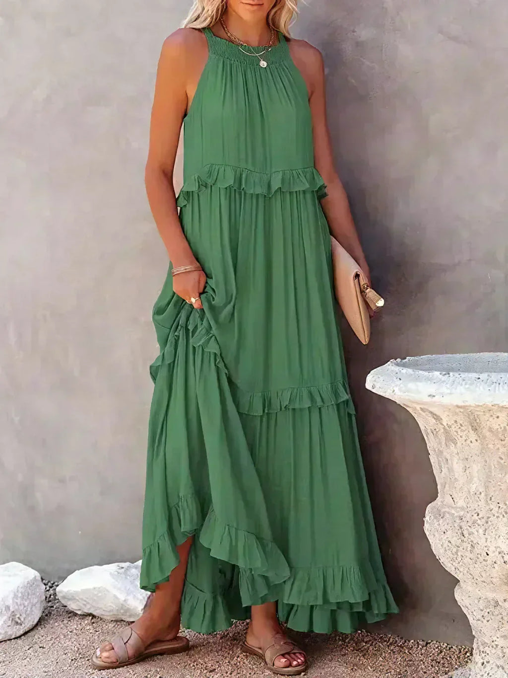 Ileana | Halter Ruffle Maxi Dress with Flowing Silhouette for Women