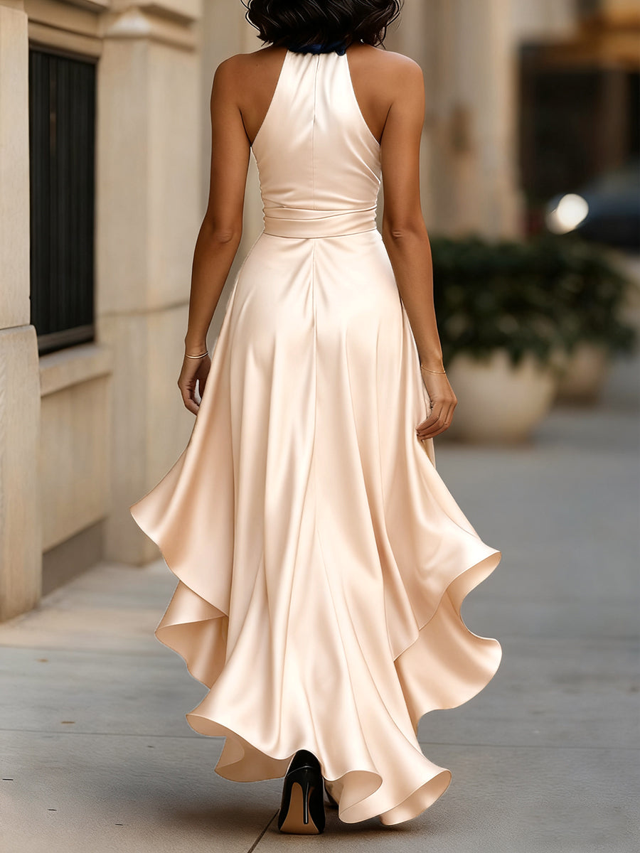 Scarlett | Midnight Elegance Satin Halter Ruffle Gown