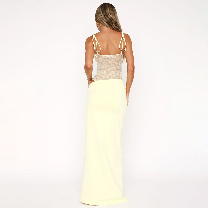 Thalia | Long Lace Dress with Elegant Sheer Panels for Women