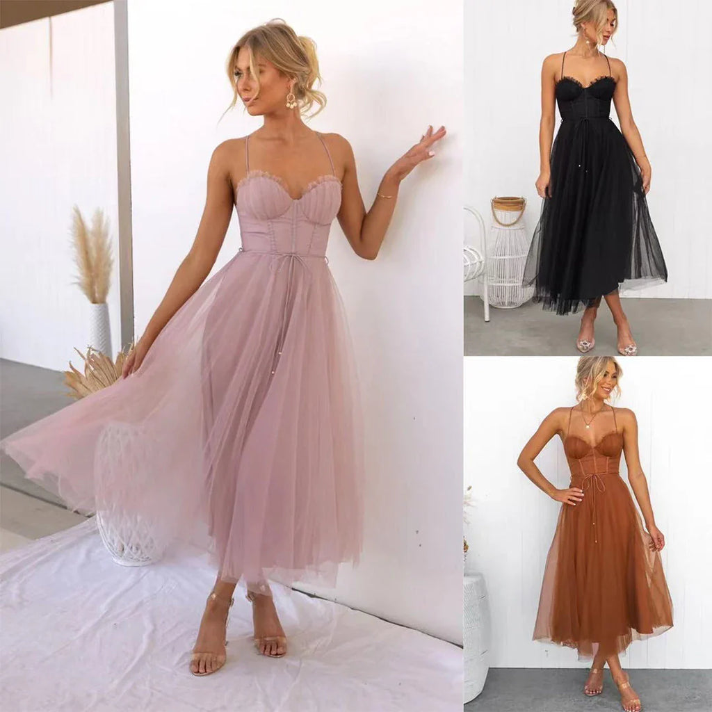 Amelia - Women’s Tulle Corset Midi Dress with Adjustable Straps