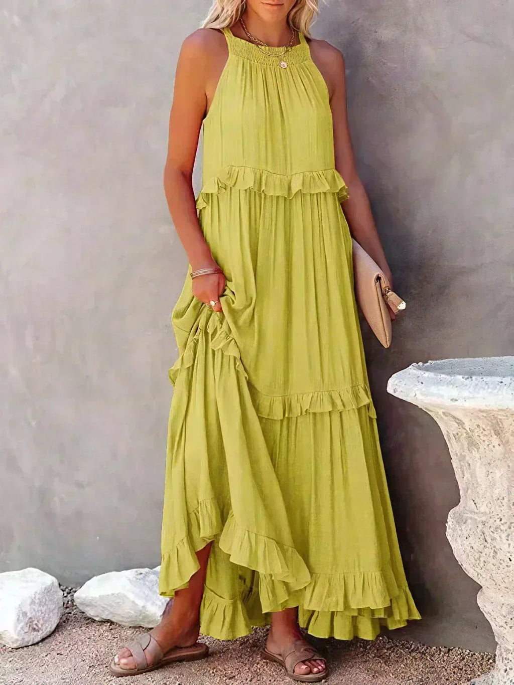 Ileana | Halter Ruffle Maxi Dress with Flowing Silhouette for Women