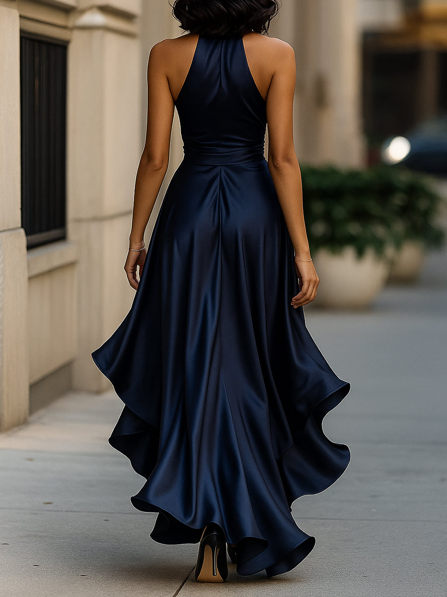 Scarlett | Midnight Elegance Satin Halter Ruffle Gown