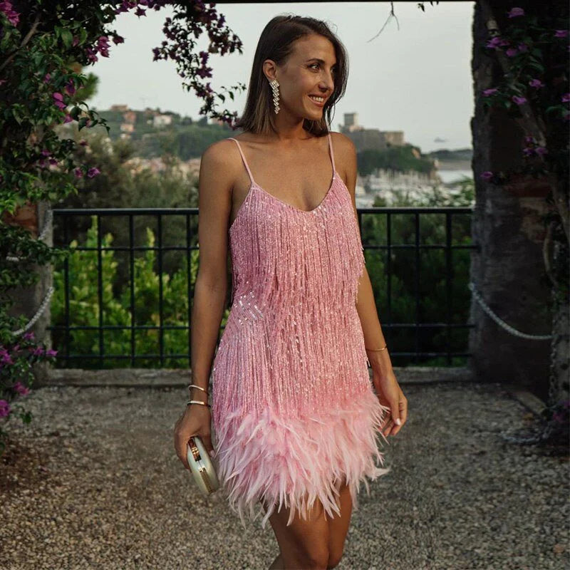 Elegant Feathered Sequin Evening Dress for Women