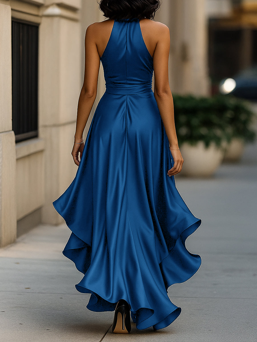 Scarlett | Midnight Elegance Satin Halter Ruffle Gown