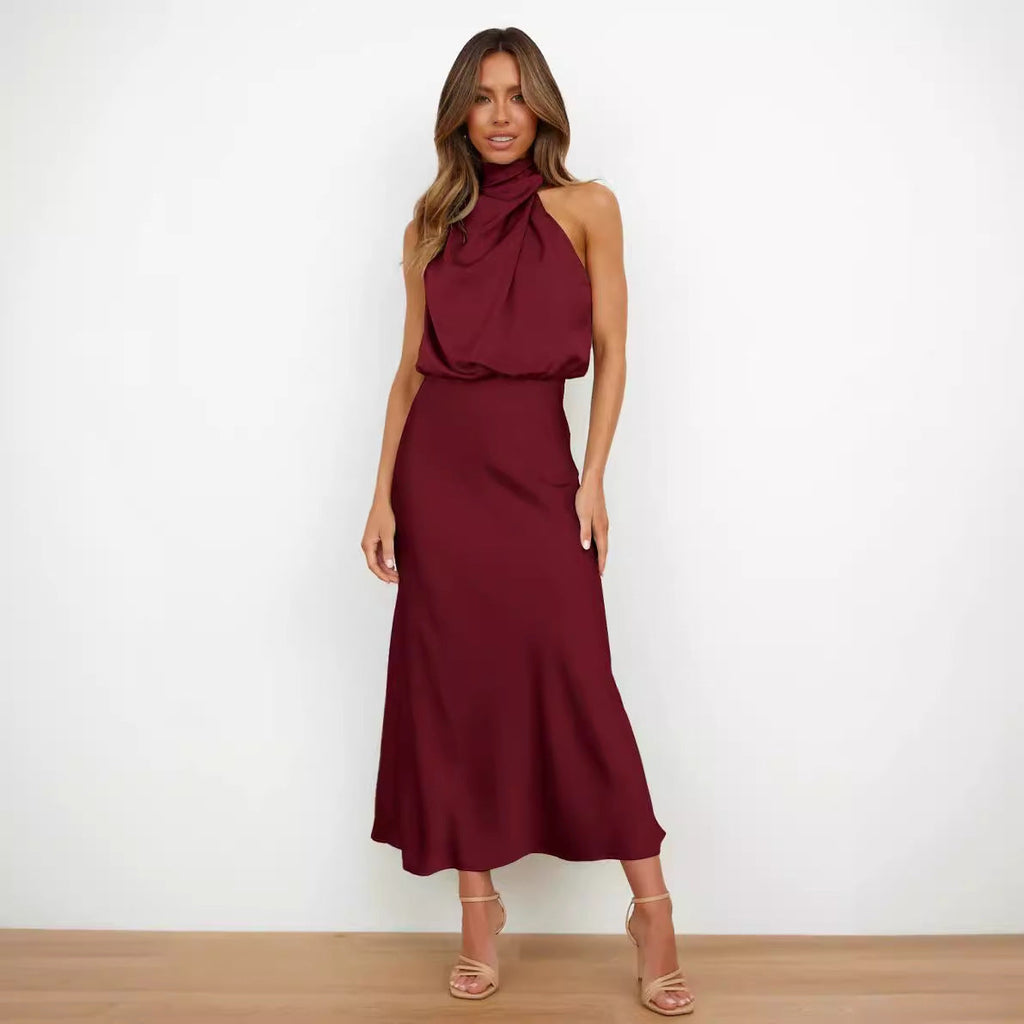 Elegant Halter Neck Satin Maxi Dress for Women