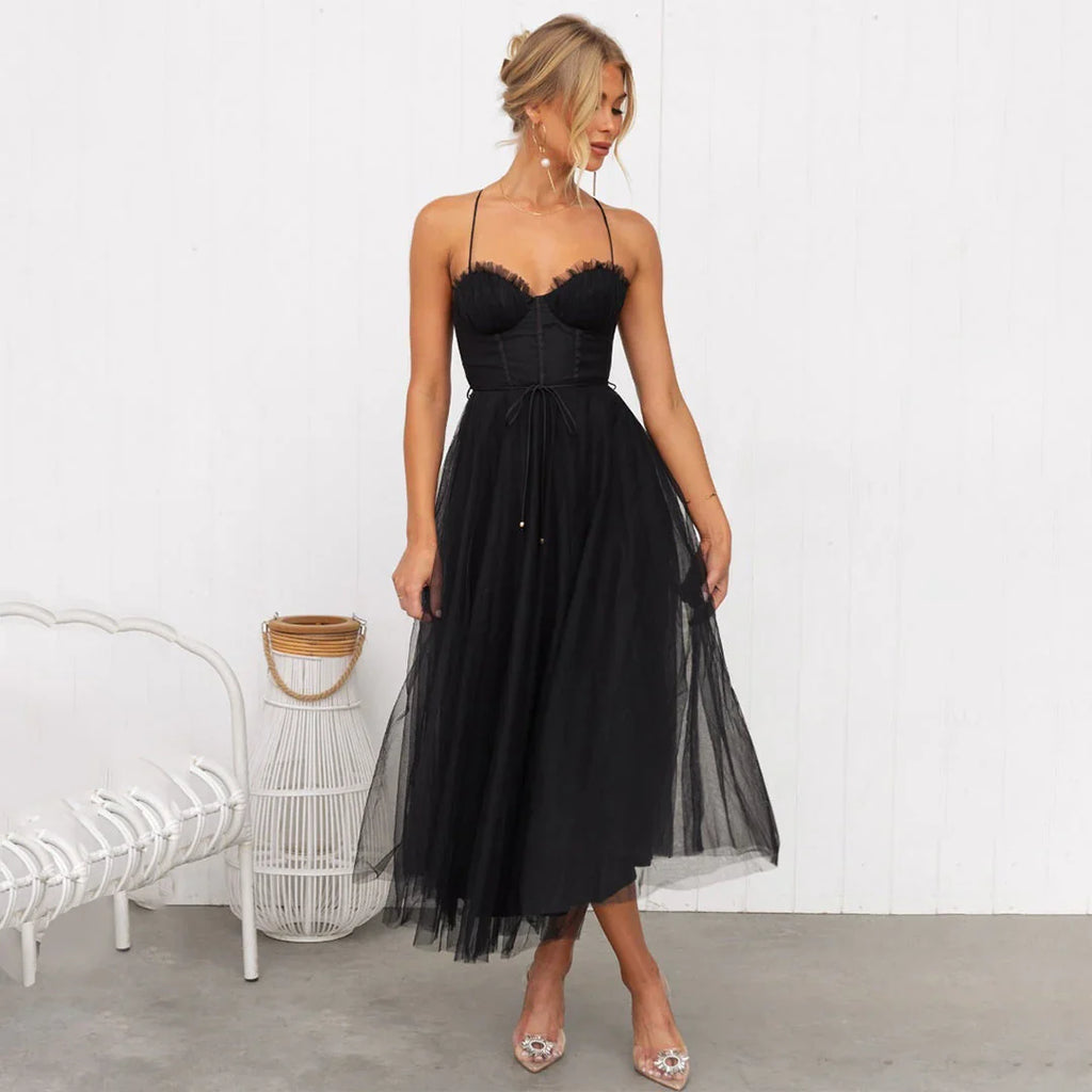 Amelia - Women’s Tulle Corset Midi Dress with Adjustable Straps