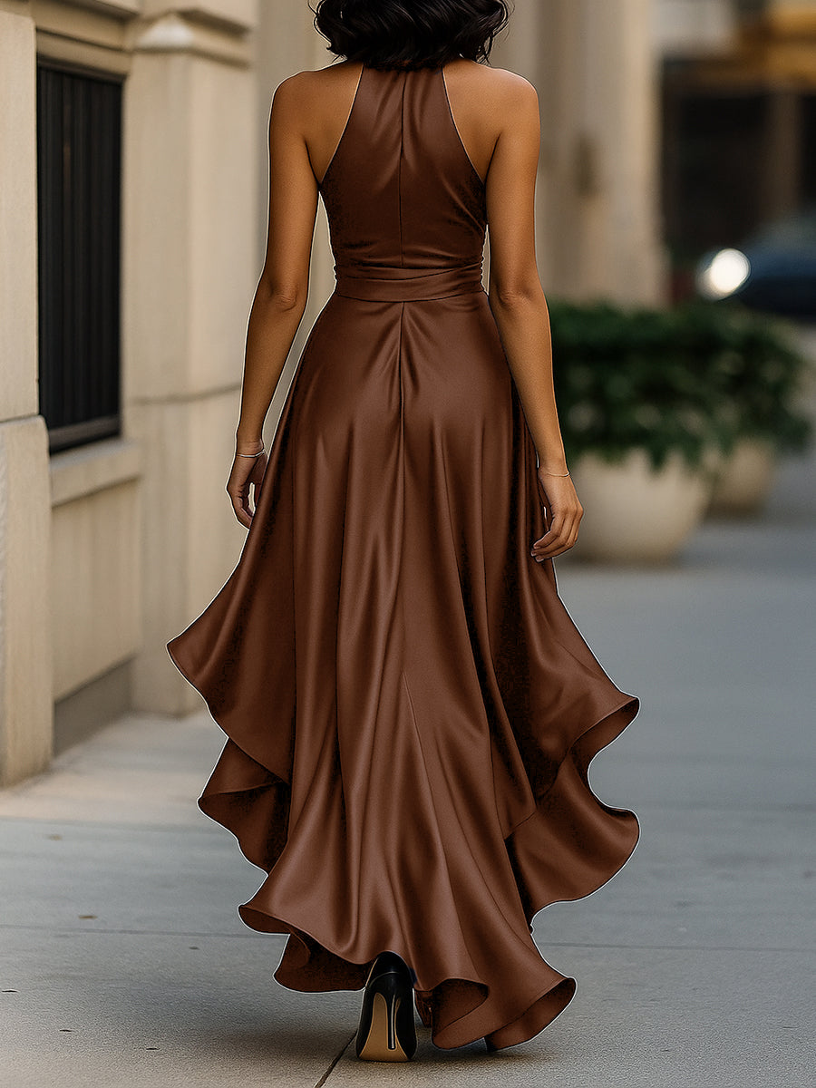 Scarlett | Midnight Elegance Satin Halter Ruffle Gown