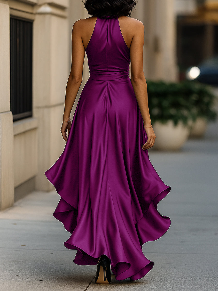Scarlett | Midnight Elegance Satin Halter Ruffle Gown
