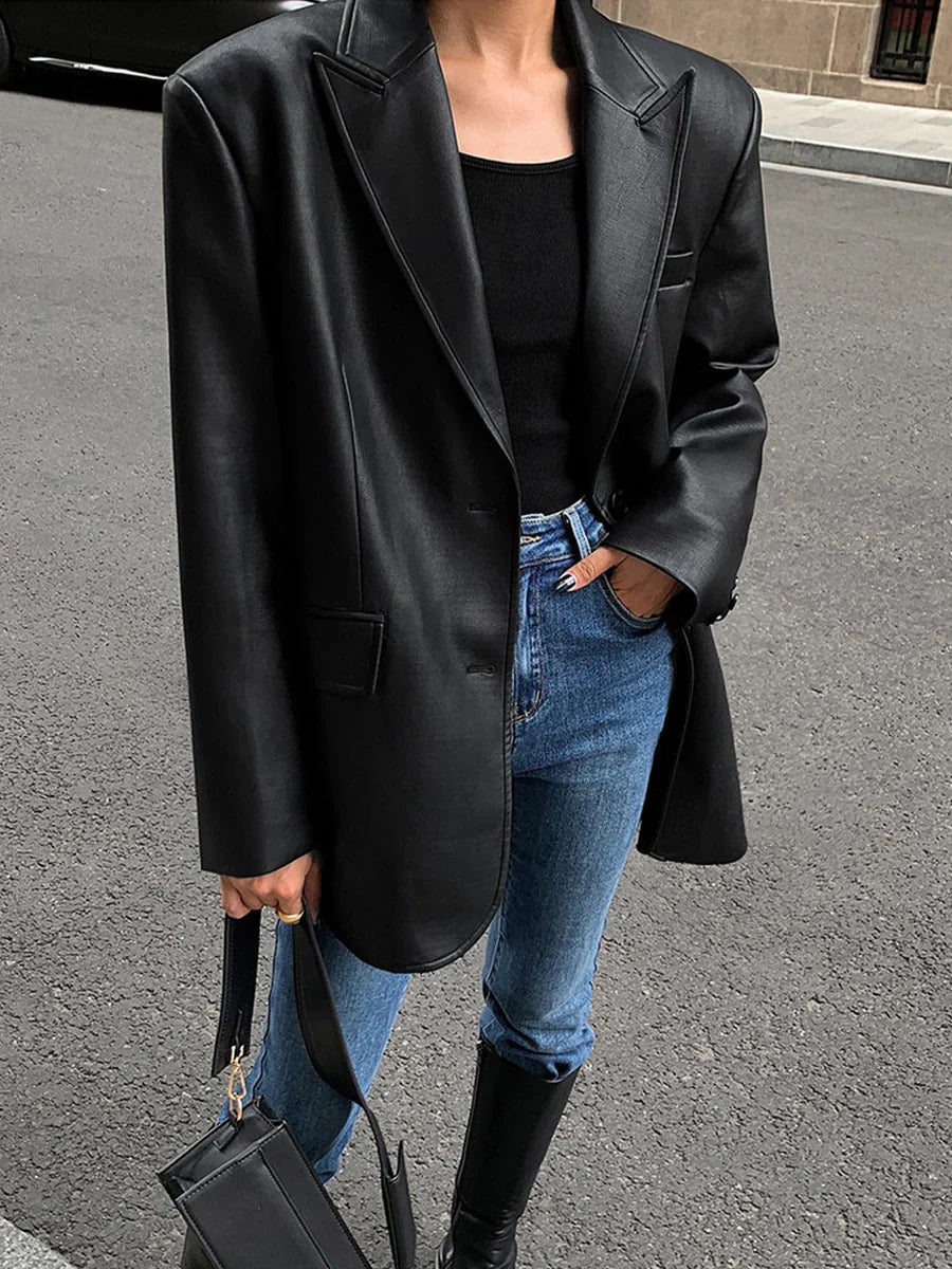 Modern Oversized Faux Leather Blazer for Women