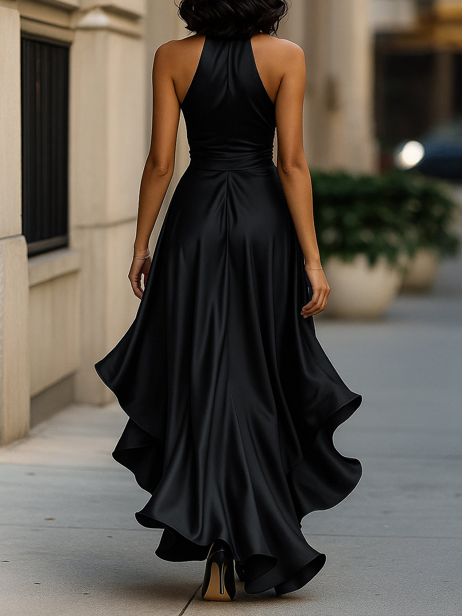Scarlett | Midnight Elegance Satin Halter Ruffle Gown