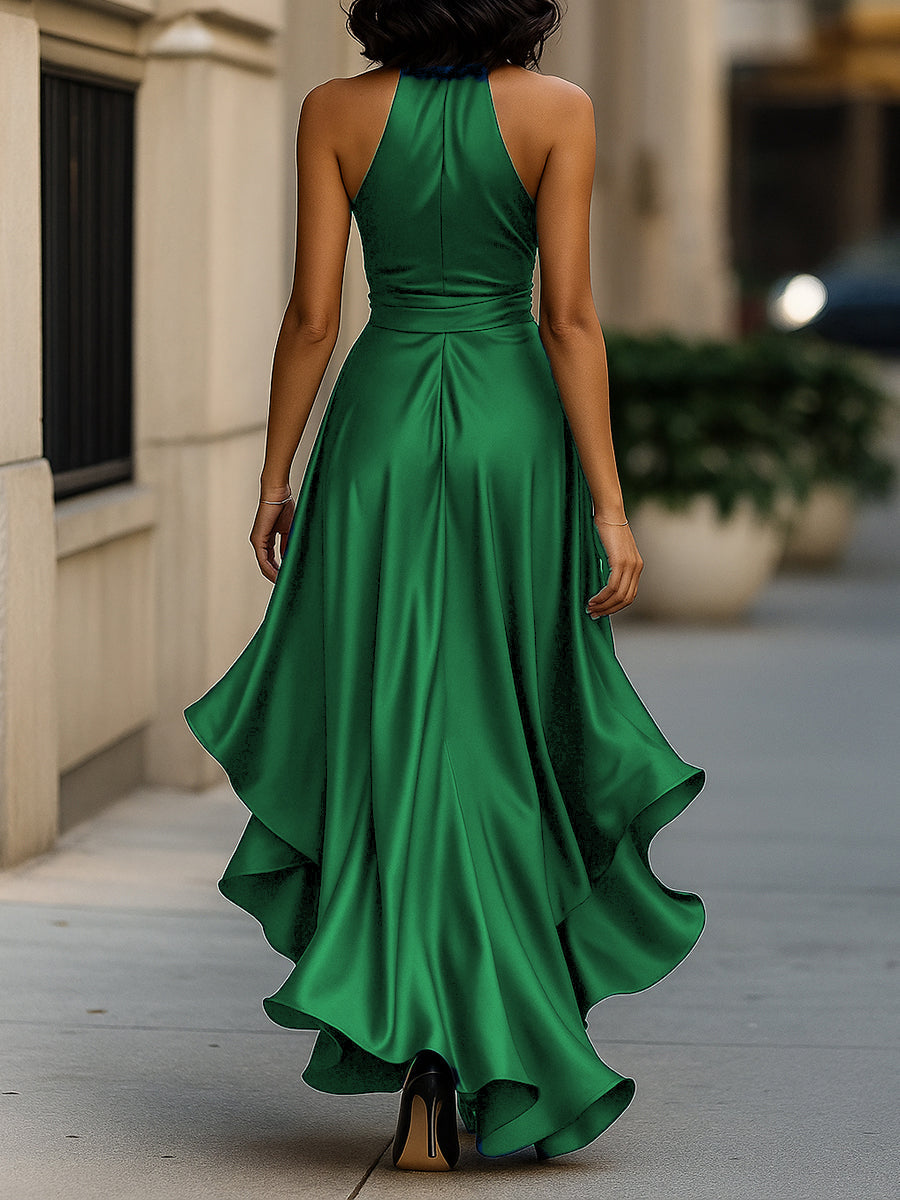 Scarlett | Midnight Elegance Satin Halter Ruffle Gown