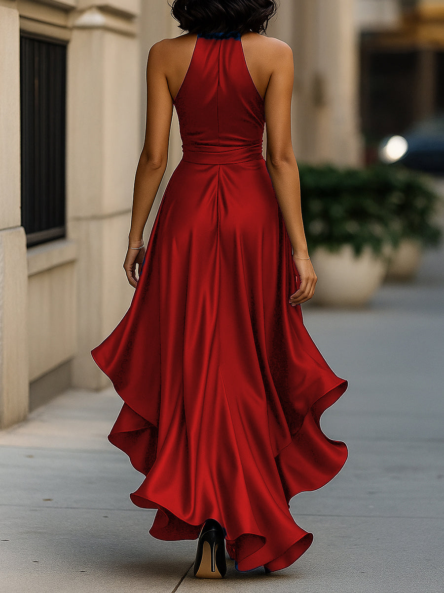 Scarlett | Midnight Elegance Satin Halter Ruffle Gown