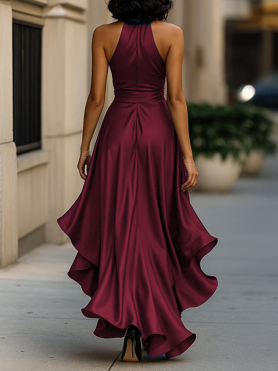 Scarlett | Midnight Elegance Satin Halter Ruffle Gown
