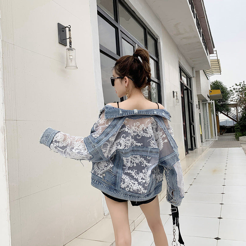 Distressed Denim Jacket with Sheer Lace Accents for Women