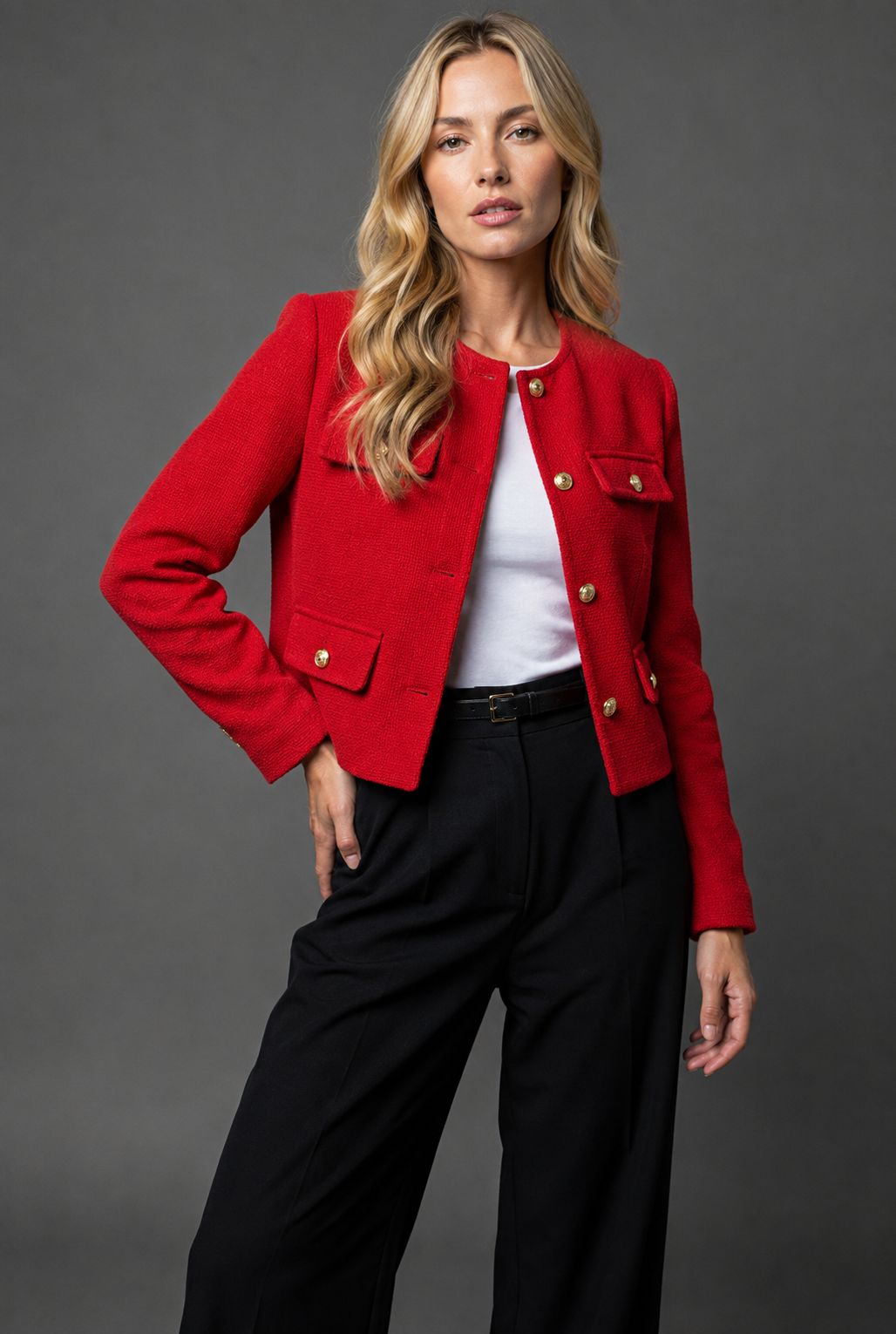 Ainsley | Cropped Tweed Blazer With Gold Buttons And Flap Pockets