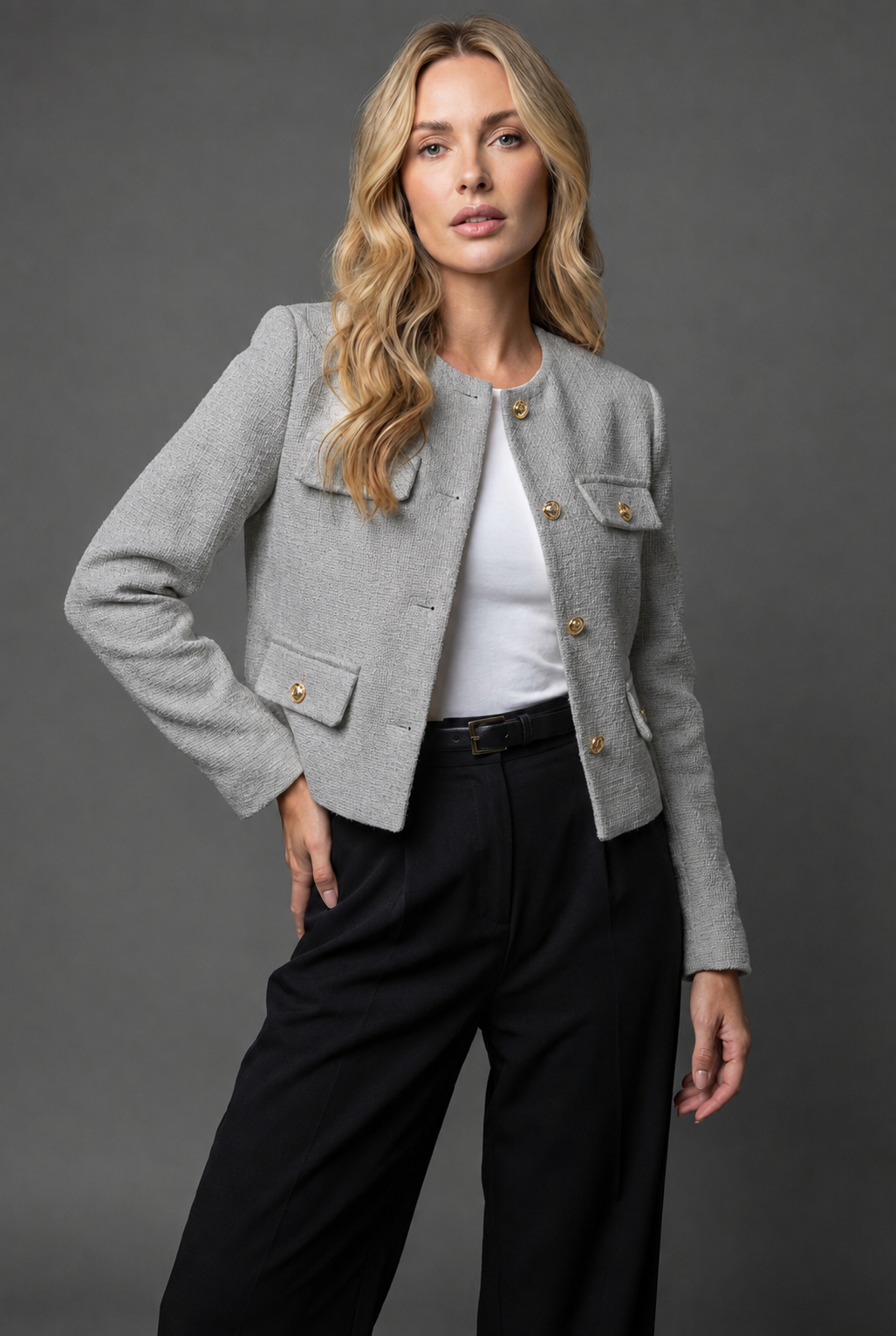 Ainsley | Cropped Tweed Blazer With Gold Buttons And Flap Pockets