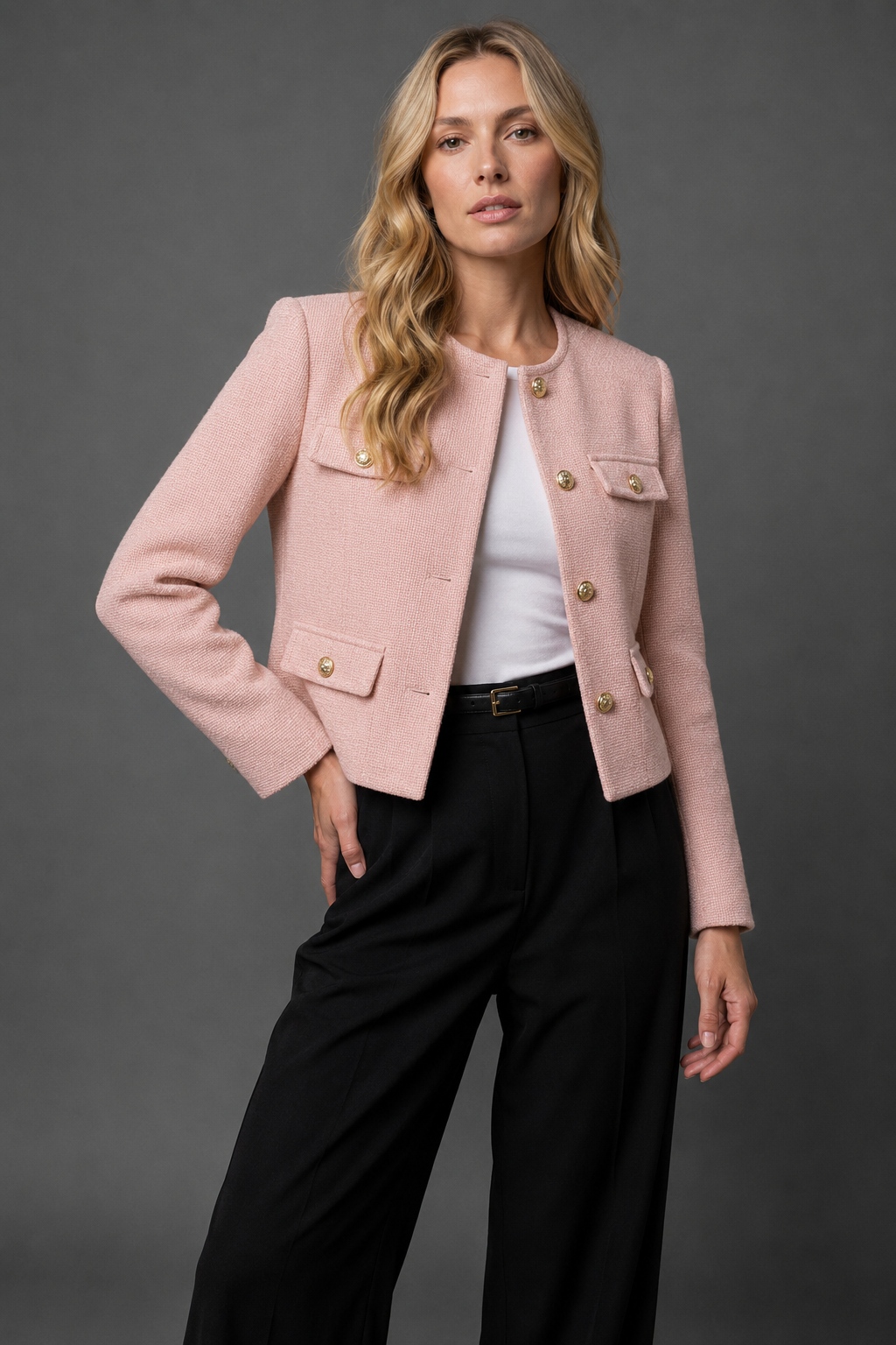 Ainsley | Cropped Tweed Blazer With Gold Buttons And Flap Pockets
