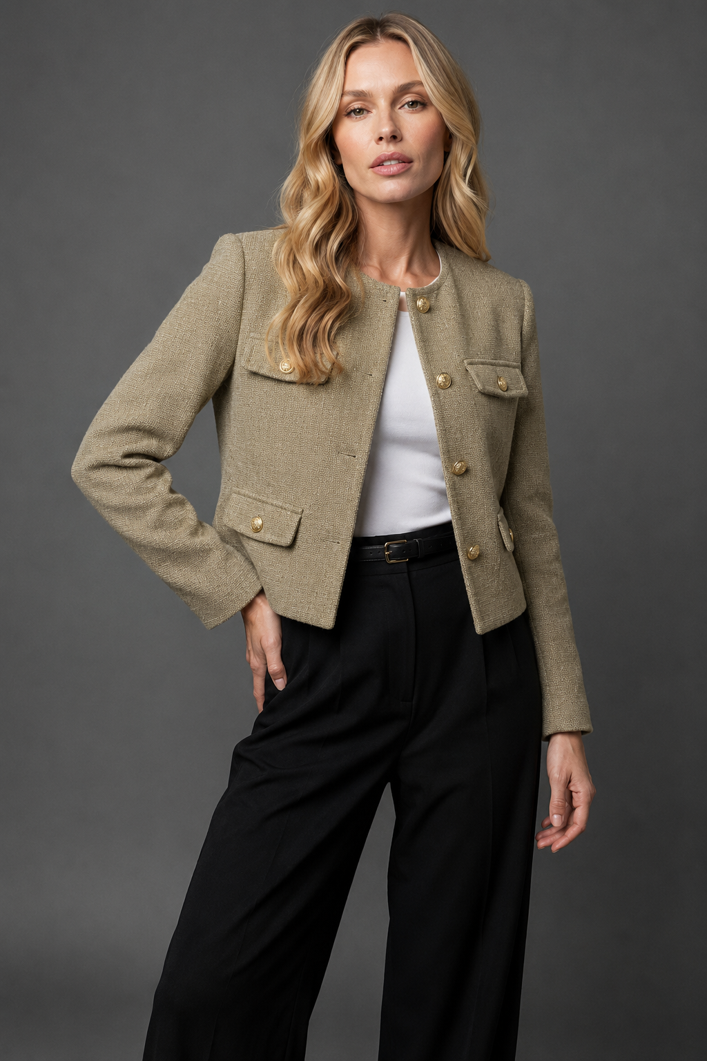 Ainsley | Cropped Tweed Blazer With Gold Buttons And Flap Pockets