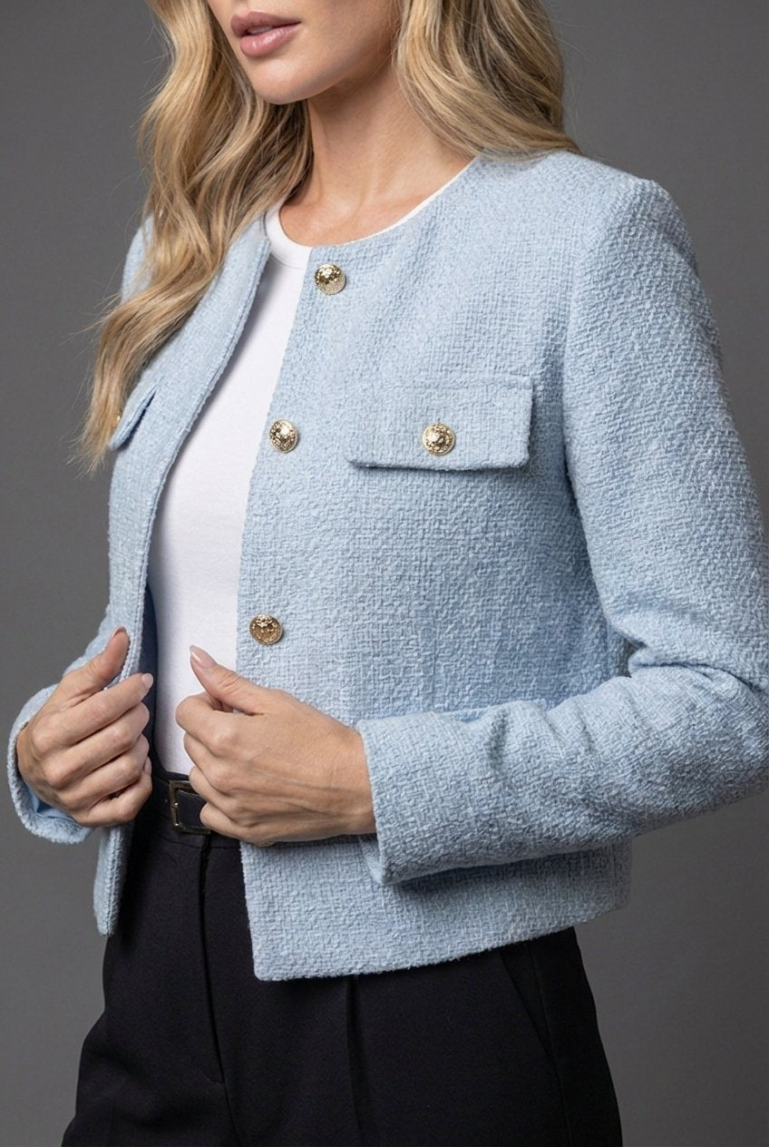 Ainsley | Cropped Tweed Blazer With Gold Buttons And Flap Pockets
