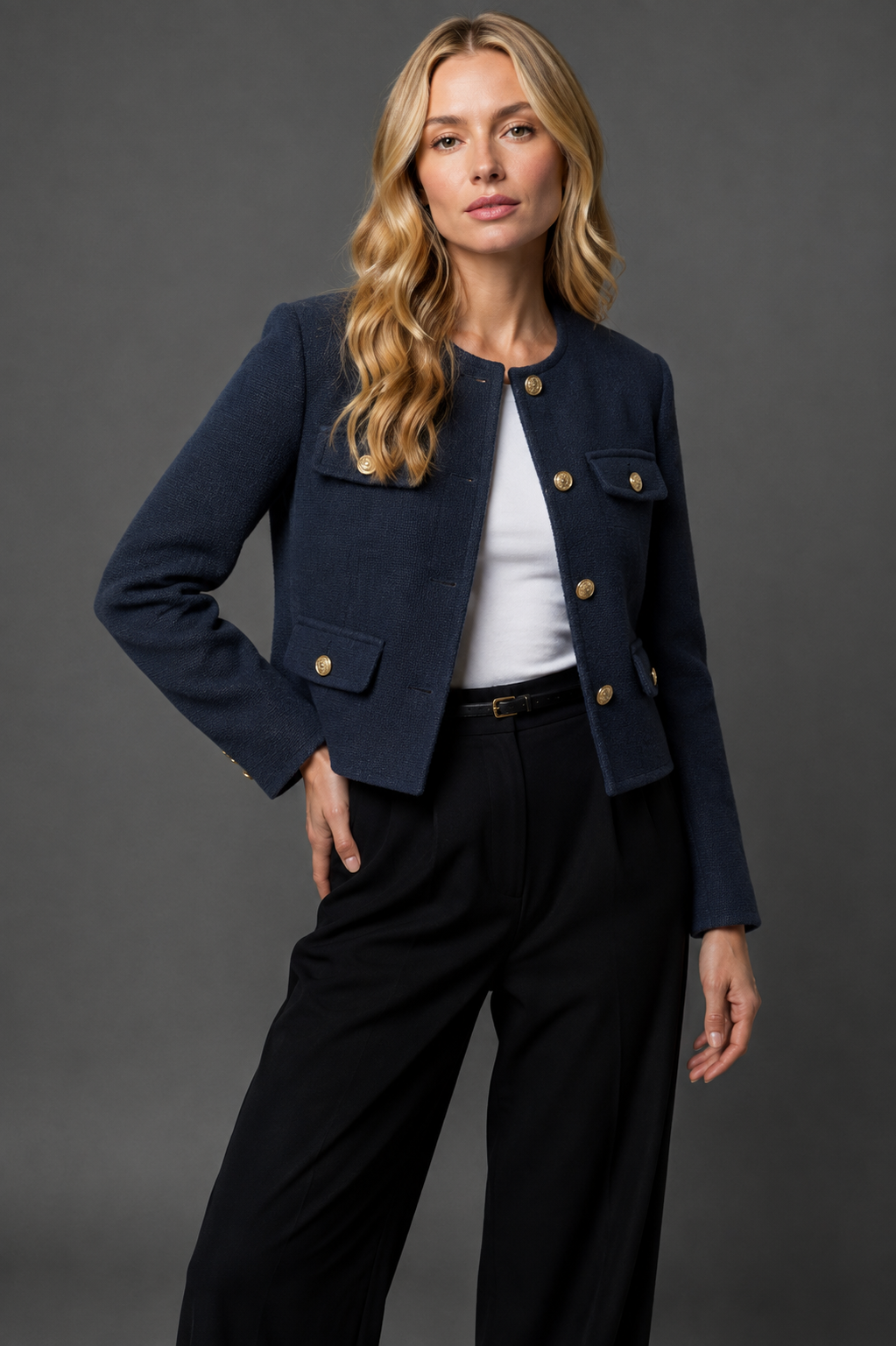 Ainsley | Cropped Tweed Blazer With Gold Buttons And Flap Pockets