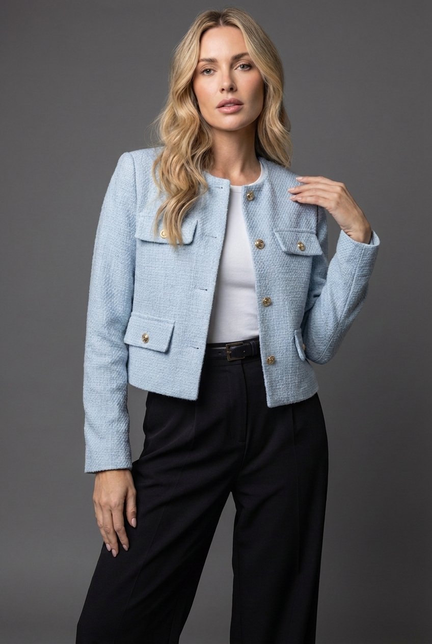 Ainsley | Cropped Tweed Blazer With Gold Buttons And Flap Pockets